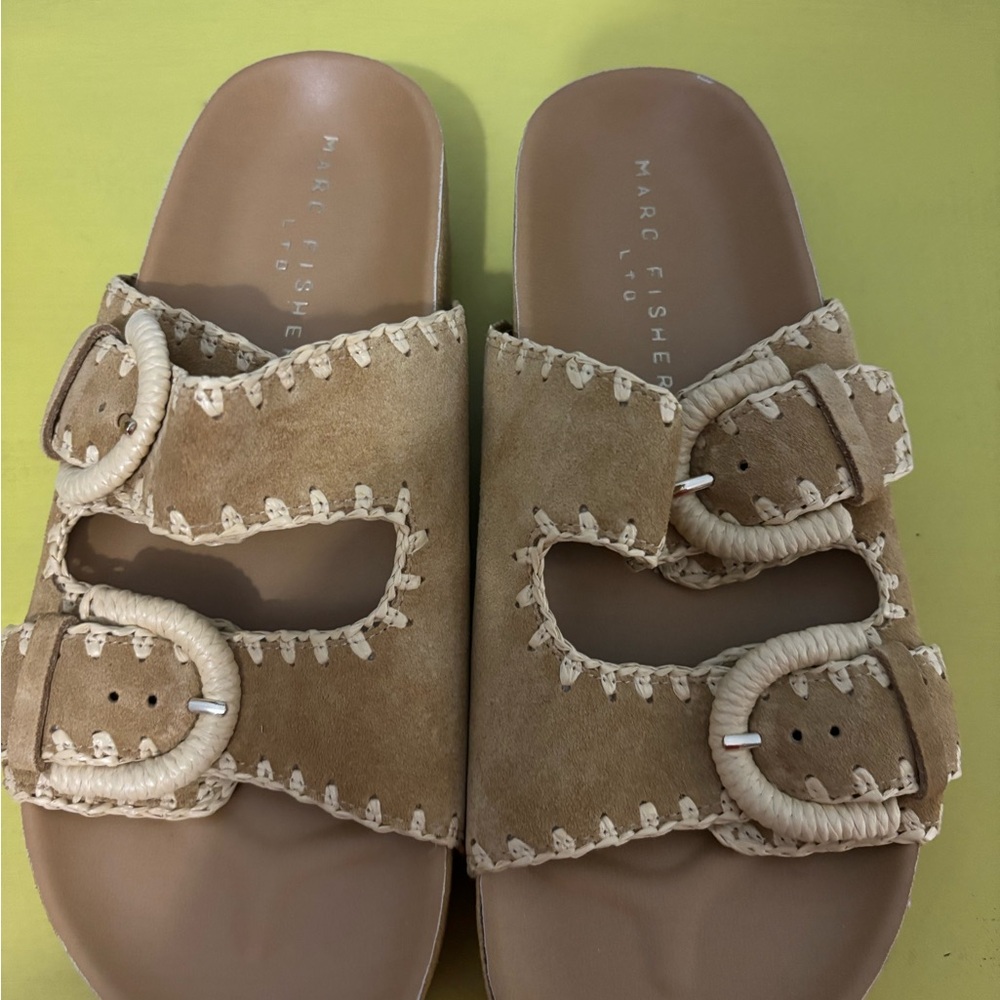Marc Fisher Beige Suede Buckle Slides